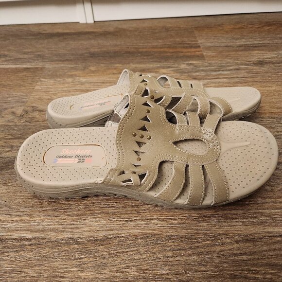Skechers womens Reggae Azalea Laser Cut Studded Slide Sandal Tan Size 10 NWOT - Picture 1 of 5